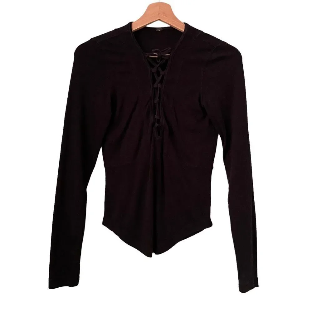 Free People Lucky Lace Up Black Long Sleeve Top in Size ***SEE MEASUREMENTS***